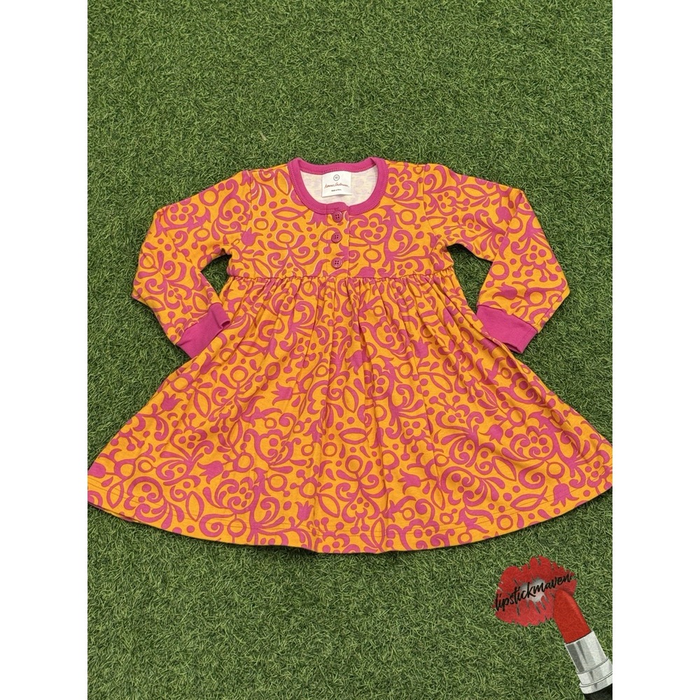 Hanna Andersson Play Dress Girls Size 90 Orange Pink Floral Long Sleeve Cotton